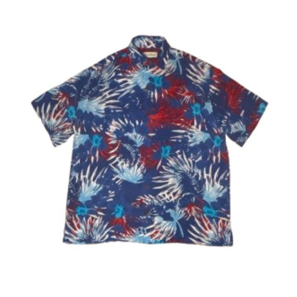 Caribbean Sz‎ M Short Sleeves Button Up Wood Buttons Blue 48" x 29" Rayon Pocket